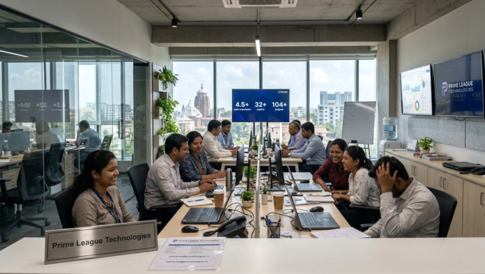 A realistic, high-quality photograph of a modern, sunlit office in Bhubaneswar, India. Diverse professionals are seen working at long desks with laptops and coffee cups. Large windows reveal a city skyline with the Jagannath Temple in the distance. Digital screens on the walls display 