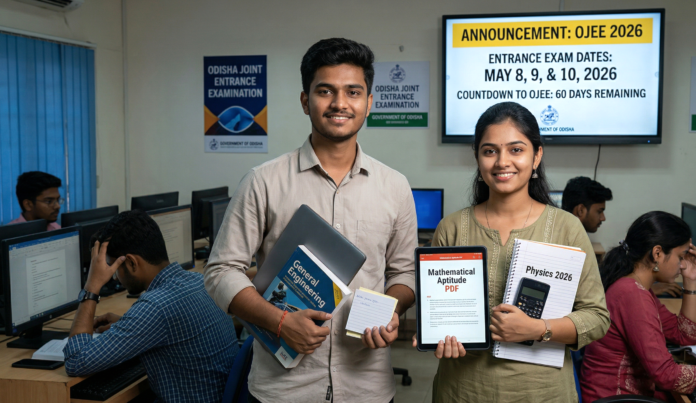 Male and female students holding books and laptop with OJEE 2026 entrance exam dates announcement in the background
